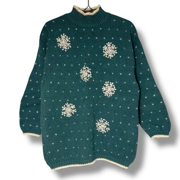 Vintage 90s Size Medium French Blue Wool Snowflake Sweater Mock Neck Cottage - Picture 1 of 8
